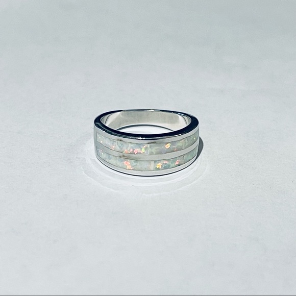 Sterling Silver White Lab Opal Ring, Wedding Band, October Birthstone Rings - Picture 7 of 13